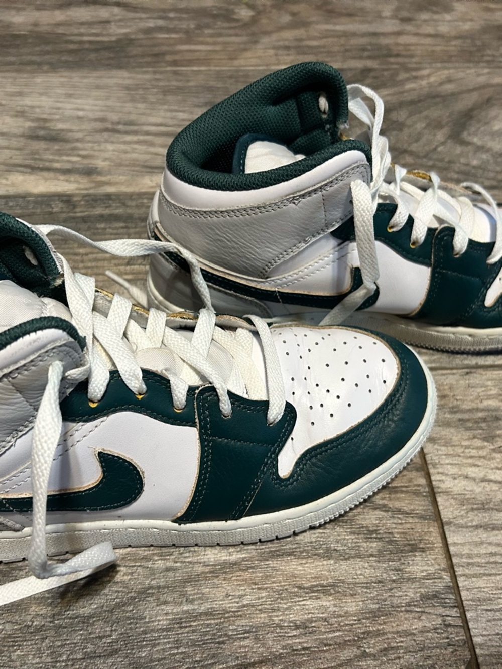 Jordan Kids White and Dark Green High-Top Sneakers with Gold Eyelets